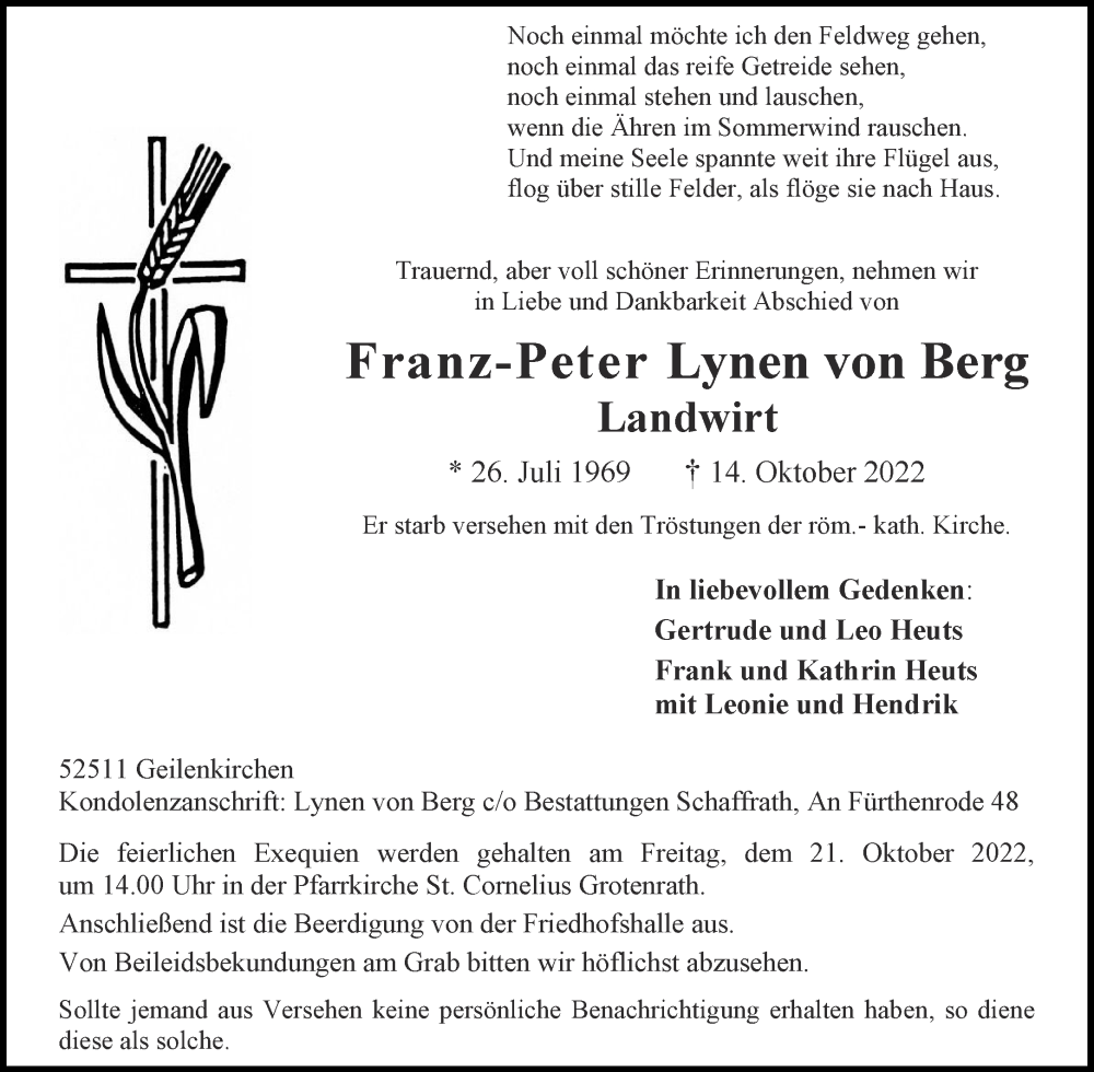 Traueranzeigen Von Franz Peter Lynen Von Berg Aachen Gedenkt