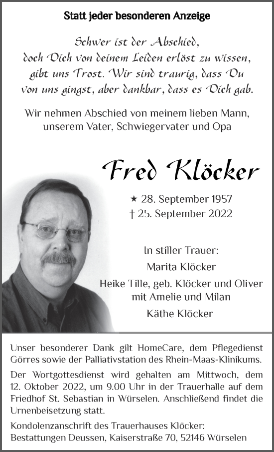 Traueranzeigen von Fred Klöcker Aachen gedenkt