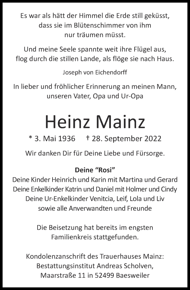 Traueranzeigen Von Heinz Mainz Aachen Gedenkt