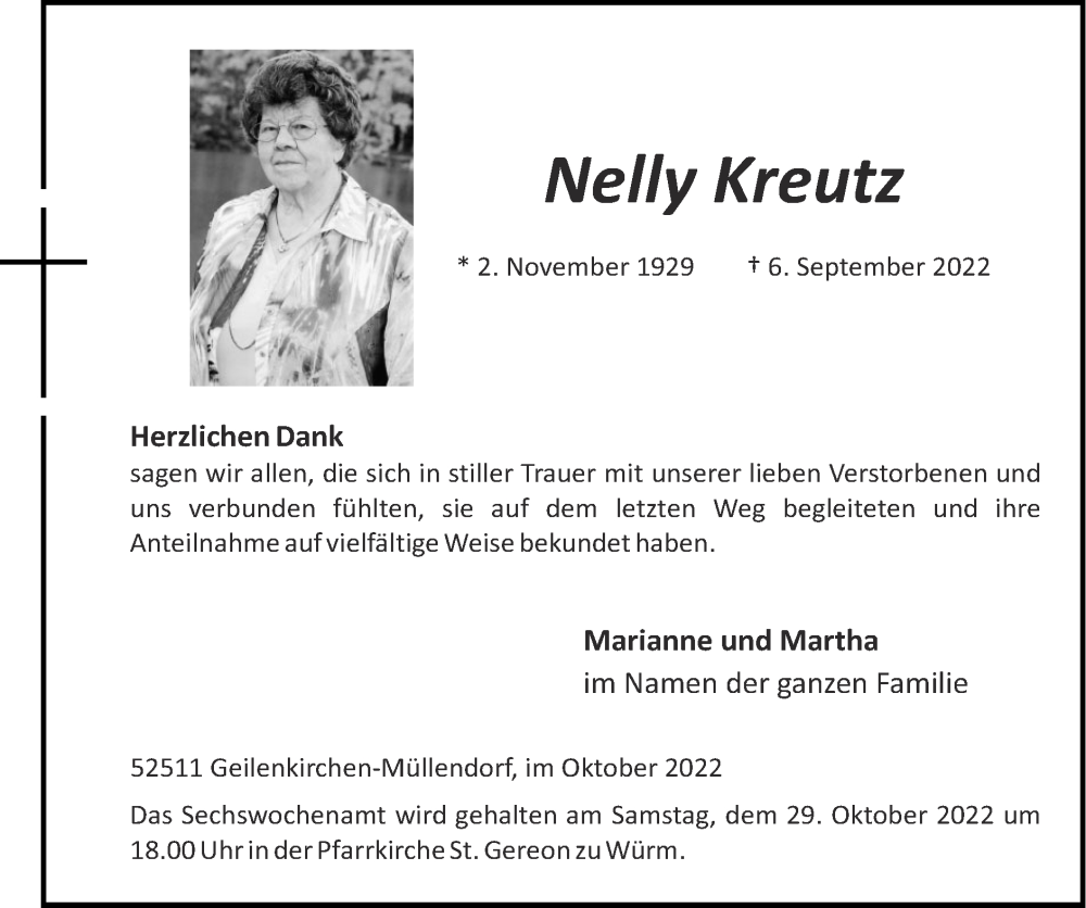 Traueranzeigen Von Nelly Kreutz Aachen Gedenkt