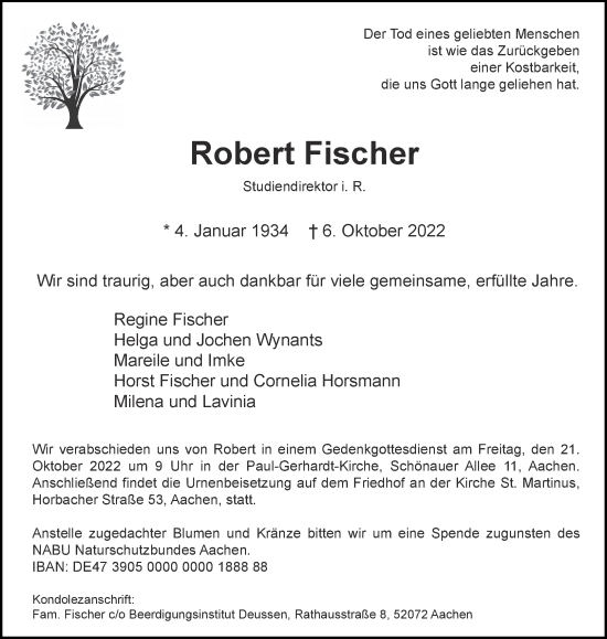 Traueranzeigen Von Robert Fischer Aachen Gedenkt