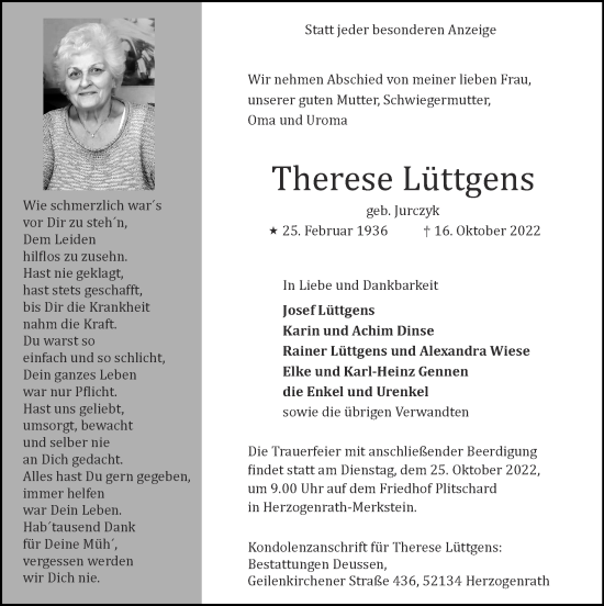 Traueranzeigen Von Therese L Ttgens Aachen Gedenkt