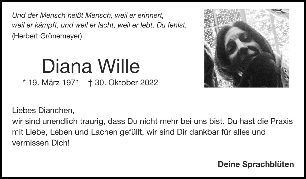 Traueranzeigen Von Diana Wille Aachen Gedenkt