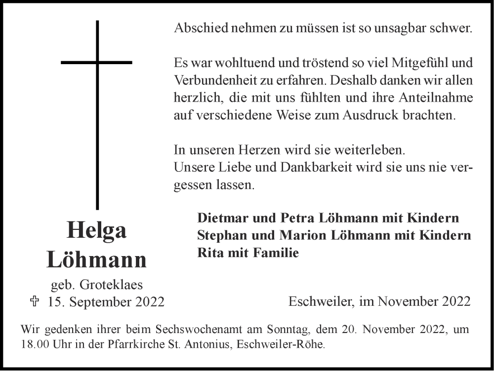 Traueranzeigen von Helga Löhmann Aachen gedenkt