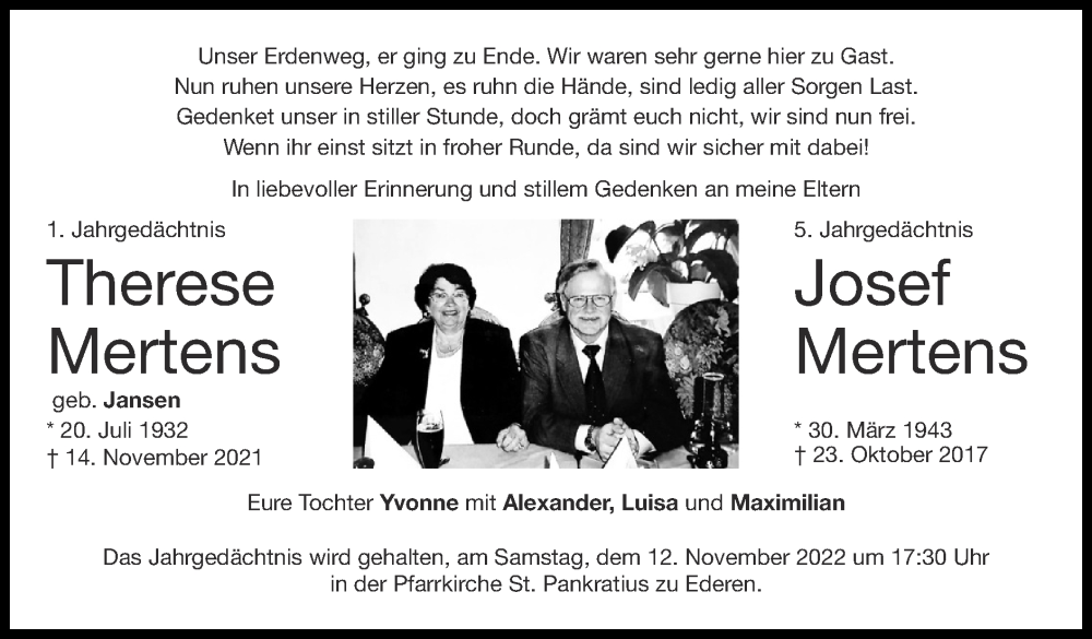 Traueranzeigen Von Josef Mertens Aachen Gedenkt