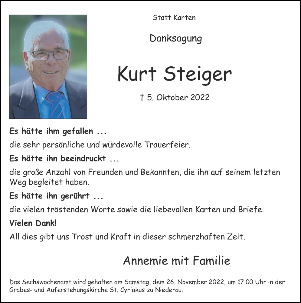 Traueranzeigen Von Kurt Steiger Aachen Gedenkt