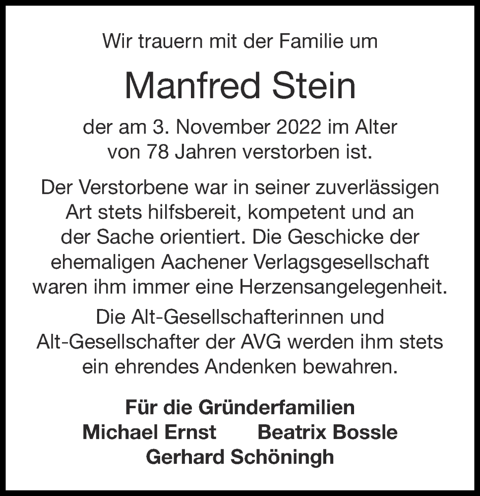 Traueranzeigen Von Manfred Stein Aachen Gedenkt