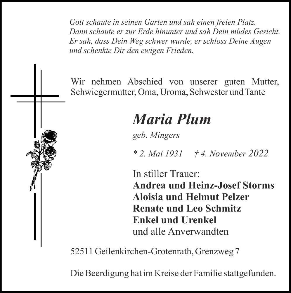 Traueranzeigen Von Maria Plum Aachen Gedenkt