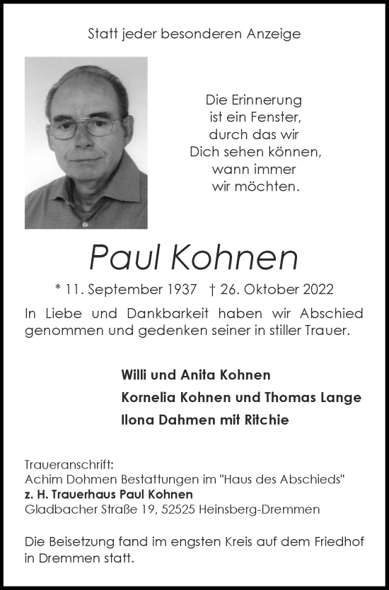 Traueranzeigen Von Paul Kohnen Aachen Gedenkt