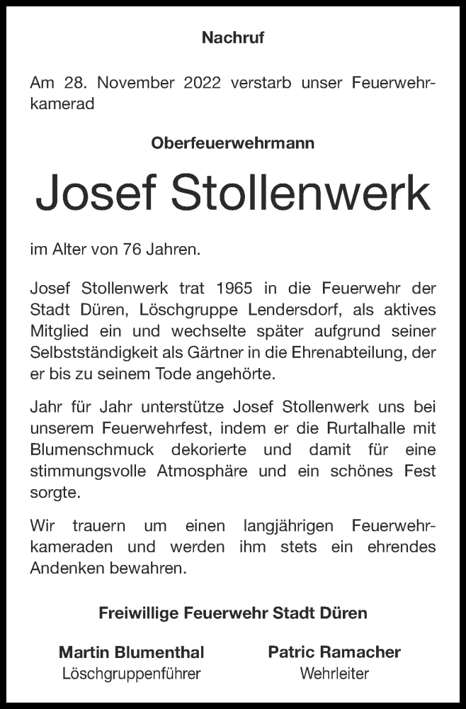 Traueranzeigen Von Josef Stollenwerk Aachen Gedenkt