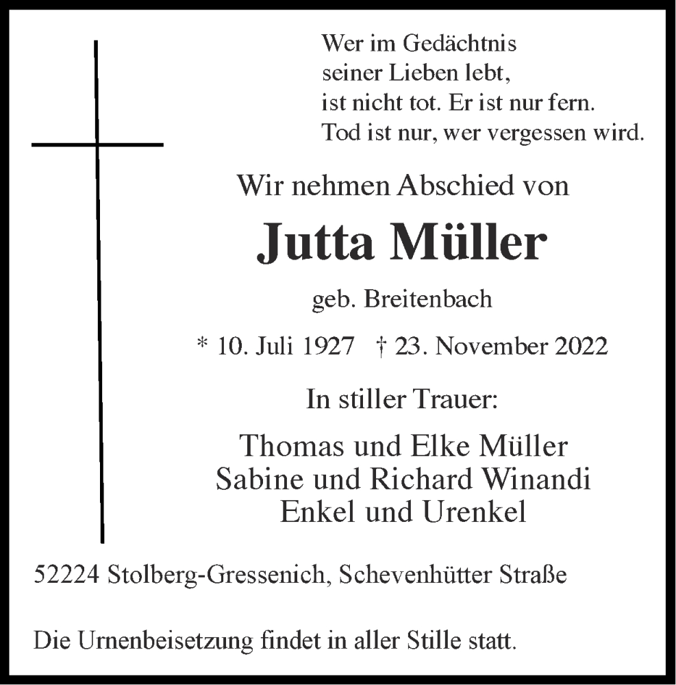 Traueranzeigen Von Jutta M Ller Aachen Gedenkt