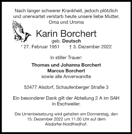 Traueranzeigen Von Karin Borchert Aachen Gedenkt