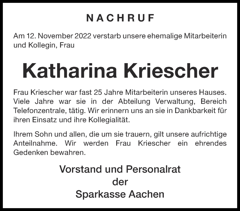 Traueranzeigen Von Katharina Kriescher Aachen Gedenkt