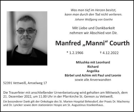 Traueranzeigen Von Manfred Courth Aachen Gedenkt