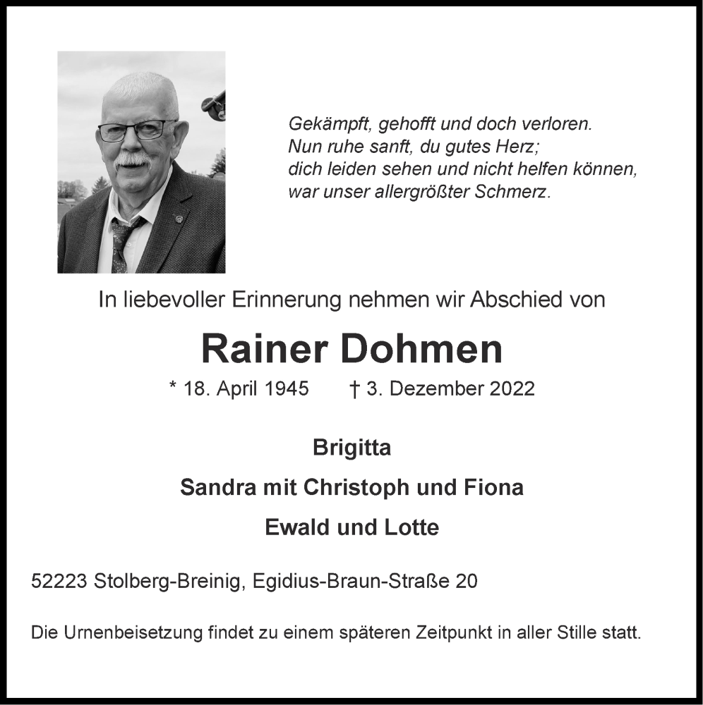 Traueranzeigen Von Rainer Dohmen Aachen Gedenkt