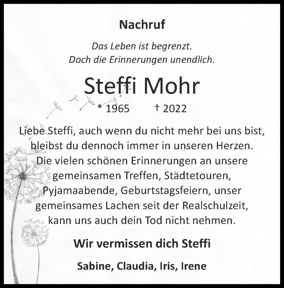 Traueranzeigen Von Steffi Mohr Aachen Gedenkt