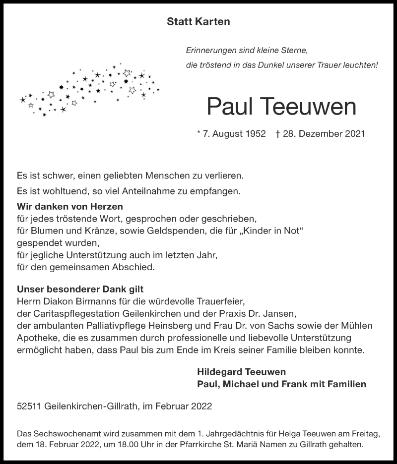 Traueranzeigen Von Paul Teeuwen Aachen Gedenkt