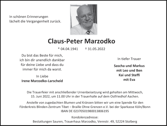 Traueranzeigen Von Claus Peter Marzodko Aachen Gedenkt