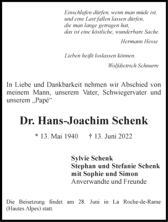 Traueranzeigen Von Hans Joachim Schenk Aachen Gedenkt