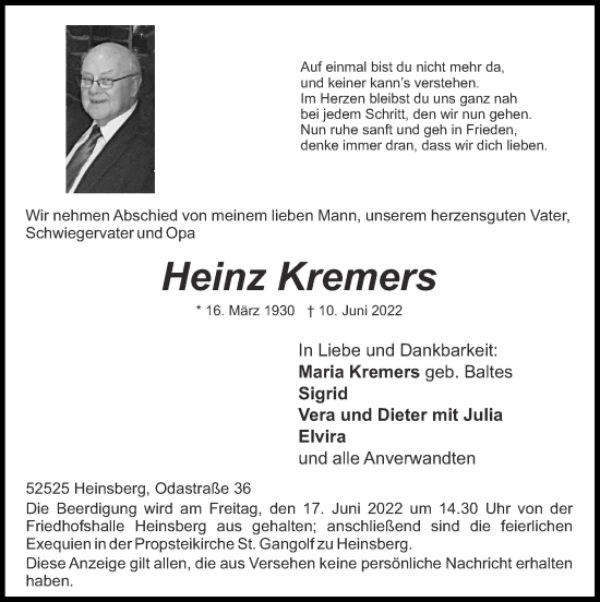 Traueranzeigen Von Heinz Kremers Aachen Gedenkt