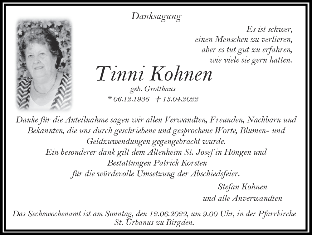 Traueranzeigen Von Tinni Kohnen Aachen Gedenkt