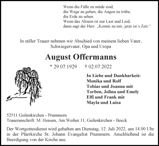 Traueranzeigen Von August Offermanns Aachen Gedenkt