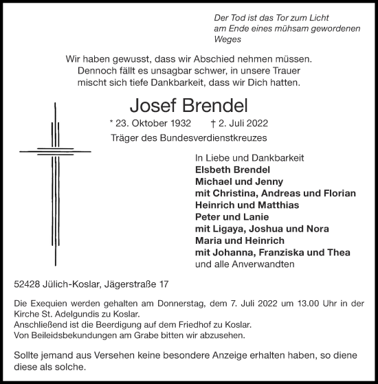 Traueranzeigen Von Josef Brendel Aachen Gedenkt