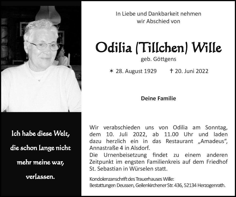 Traueranzeigen Von Odilia Wille Aachen Gedenkt