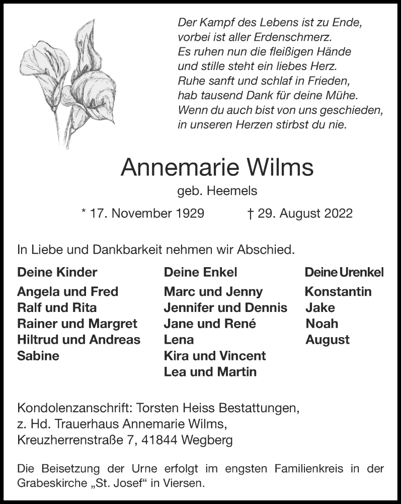 Traueranzeigen Von Annemarie Wilms Aachen Gedenkt