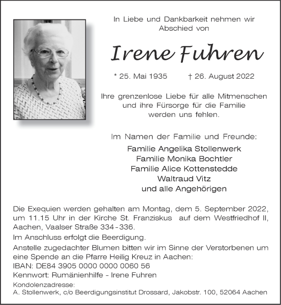 Traueranzeigen Von Irene Fuhren Aachen Gedenkt