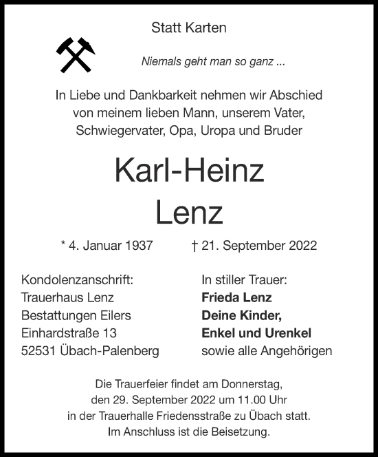 Traueranzeigen Von Karl Heinz Lenz Aachen Gedenkt