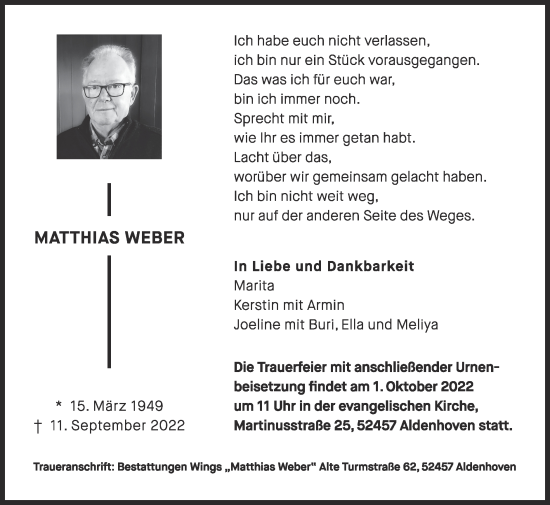 Traueranzeigen Von Matthias Weber Aachen Gedenkt