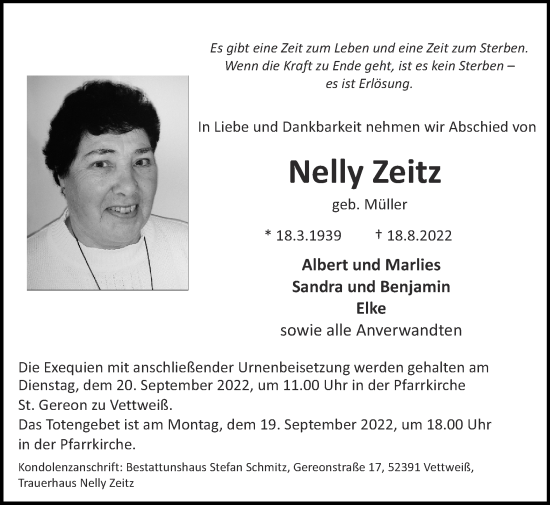 Traueranzeigen Von Nelly Zeitz Aachen Gedenkt