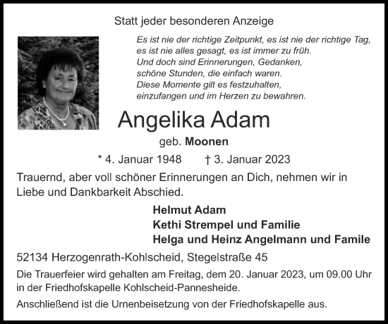 Traueranzeigen Von Angelika Adam Aachen Gedenkt