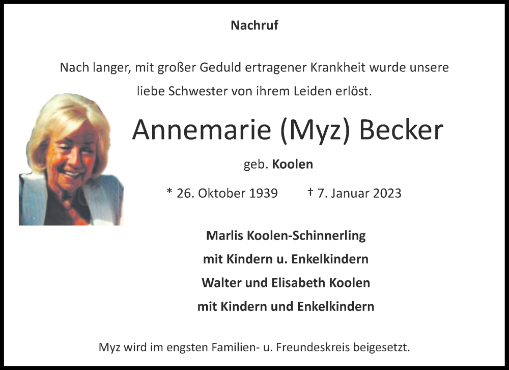 Traueranzeigen Von Annemarie Becker Aachen Gedenkt