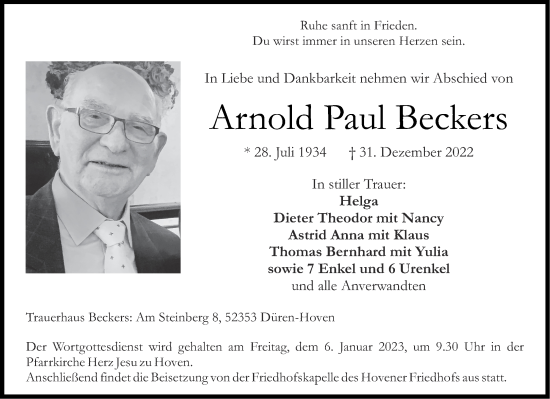 Traueranzeigen Von Arnold Paul Beckers Aachen Gedenkt