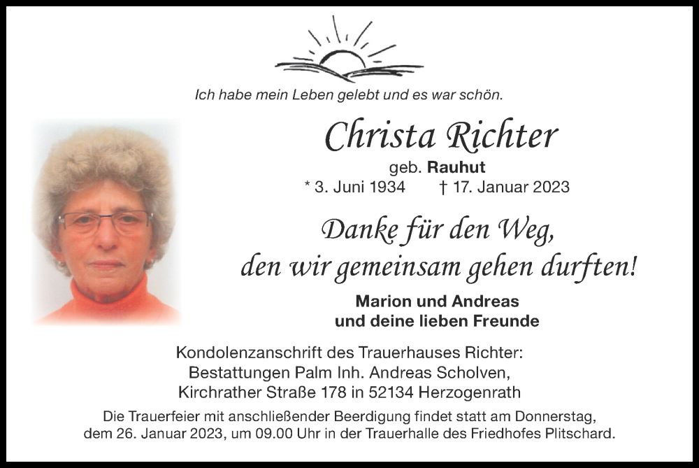 Traueranzeigen Von Christa Richter Aachen Gedenkt