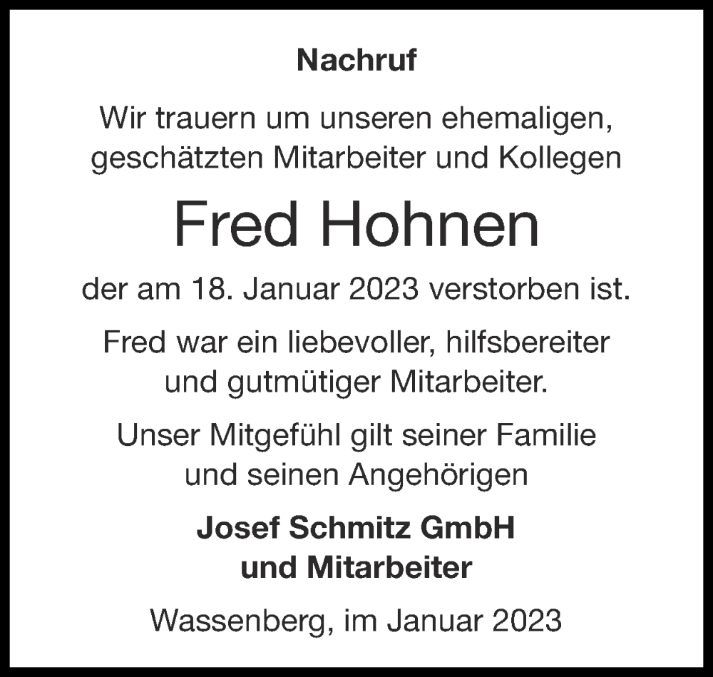 Traueranzeigen Von Fred Hohnen Aachen Gedenkt