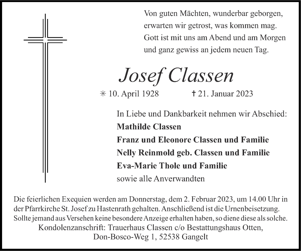 Traueranzeigen Von Josef Classen Aachen Gedenkt