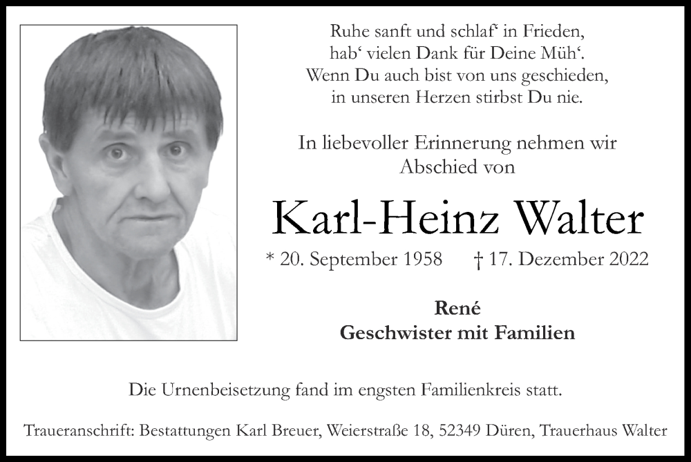 Traueranzeigen Von Karl Heinz Walter Aachen Gedenkt