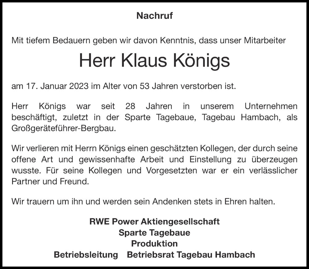 Traueranzeigen von Klaus Königs Aachen gedenkt