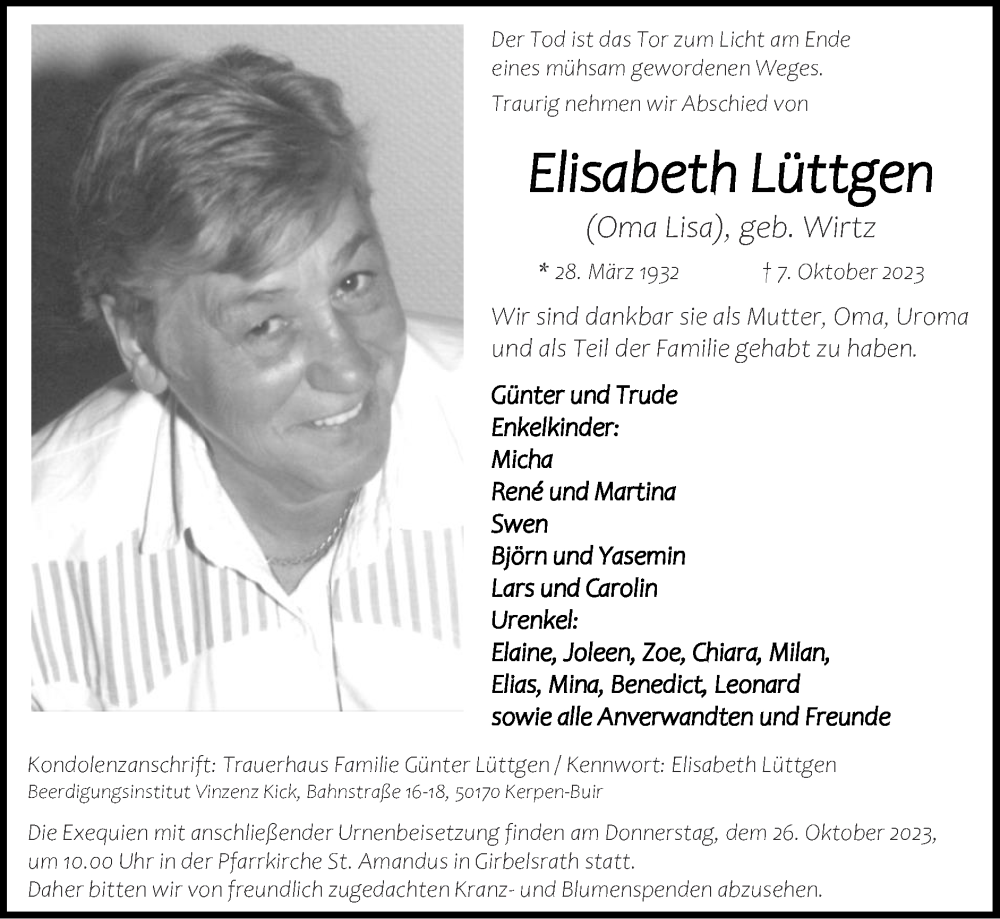 Traueranzeigen Von Elisabeth L Ttgen Aachen Gedenkt