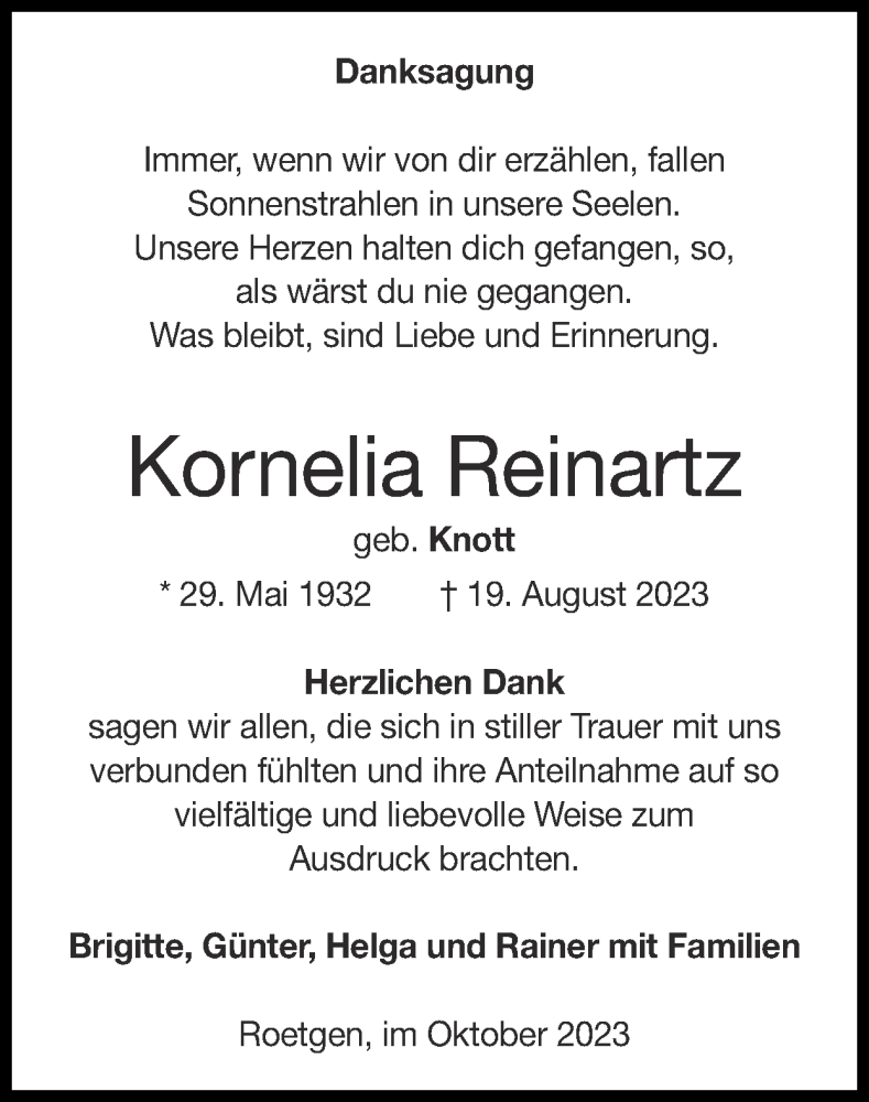 Traueranzeigen Von Kornelia Reinartz Aachen Gedenkt