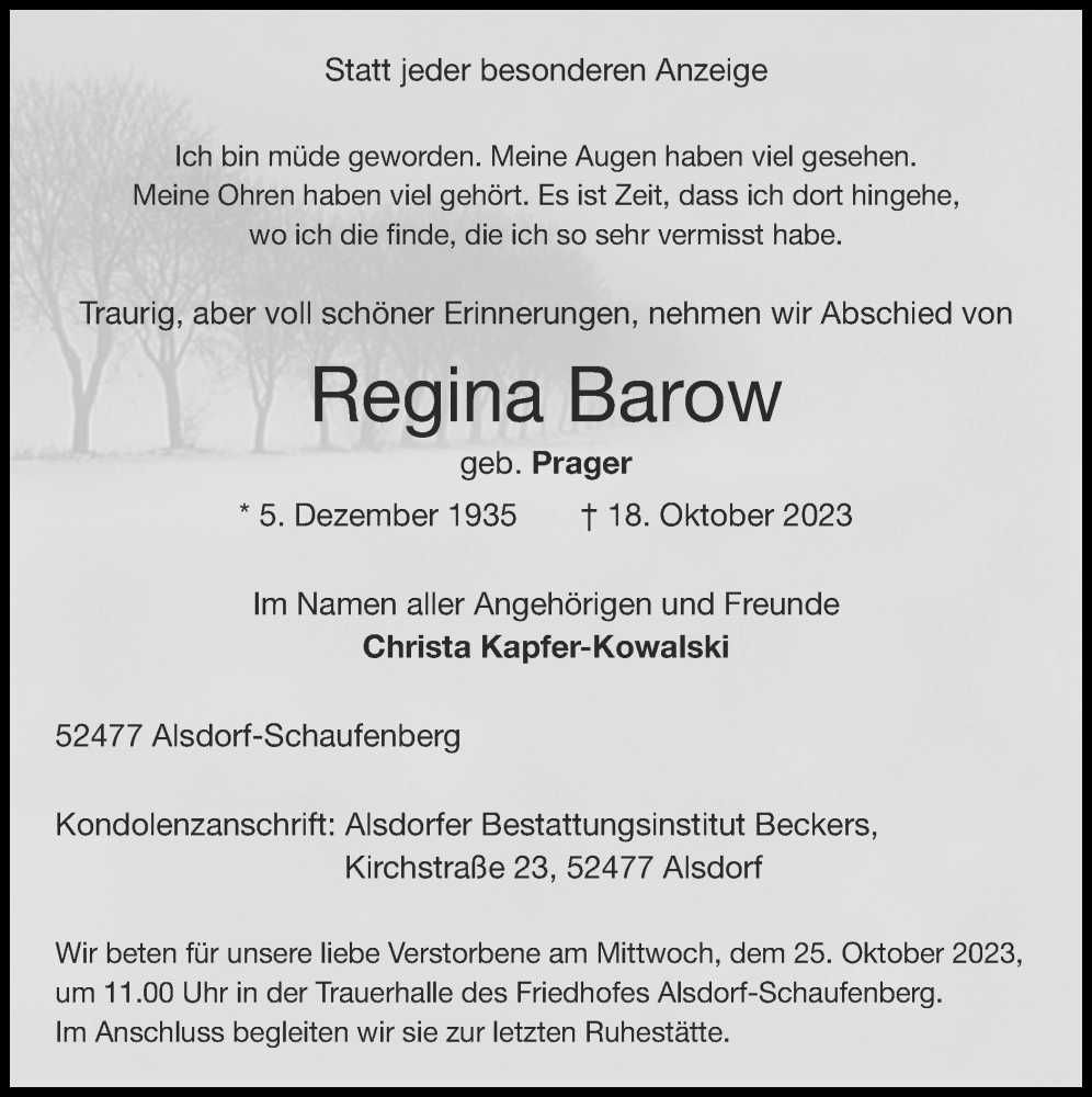 Traueranzeigen Von Regina Barow Aachen Gedenkt