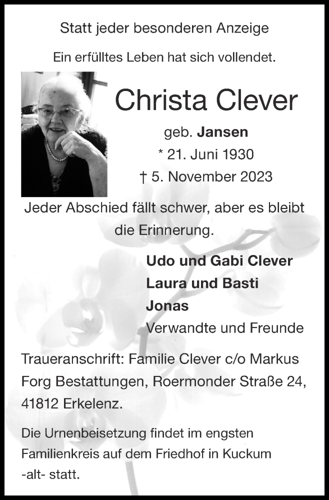 Traueranzeigen Von Christa Clever Aachen Gedenkt