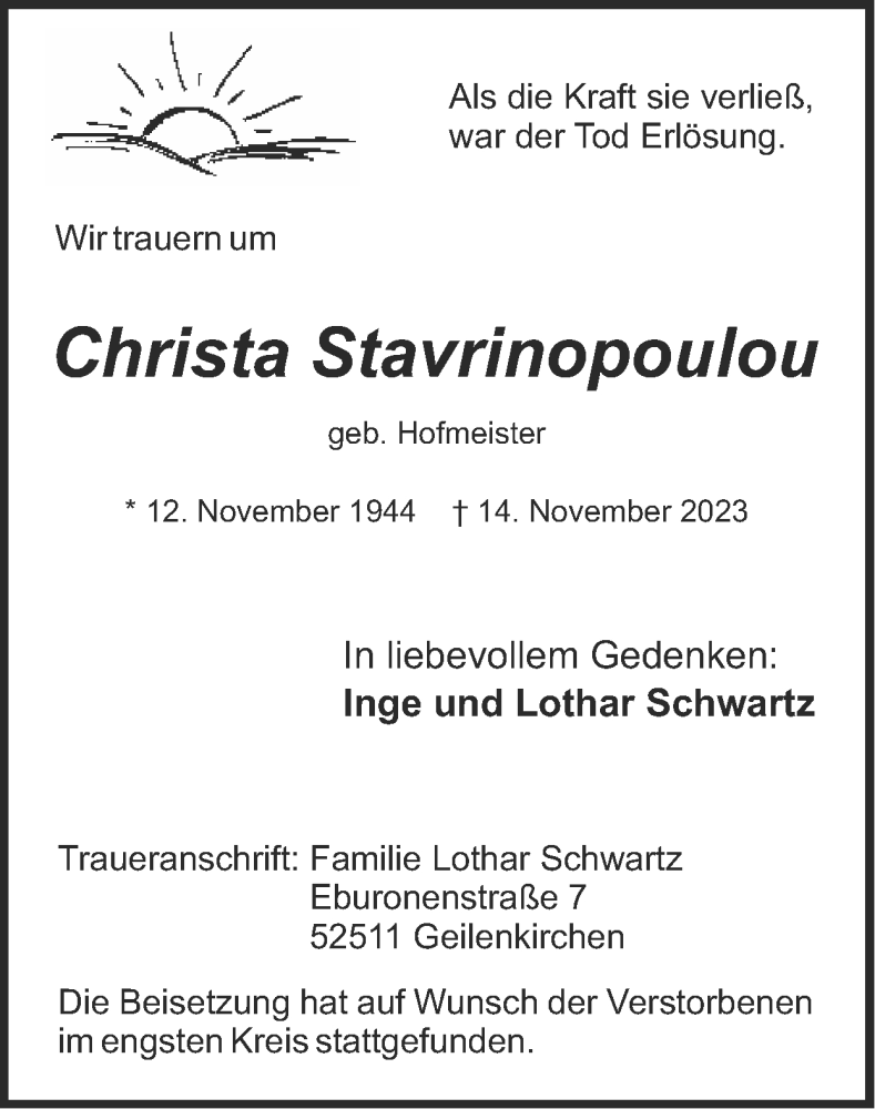 Traueranzeigen Von Christa Stavrinopoulou Aachen Gedenkt