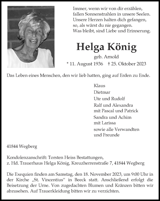 Traueranzeigen von Helga König Aachen gedenkt