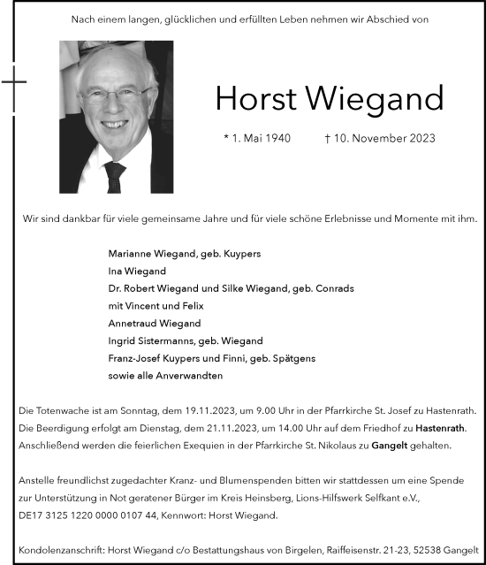 Traueranzeigen Von Horst Wiegand Aachen Gedenkt