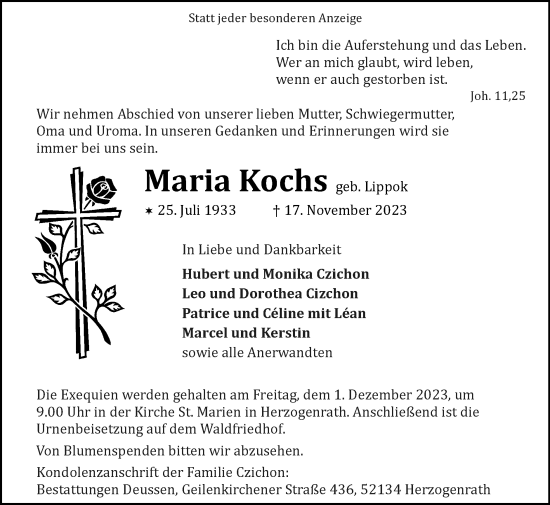 Traueranzeigen Von Maria Kochs Aachen Gedenkt