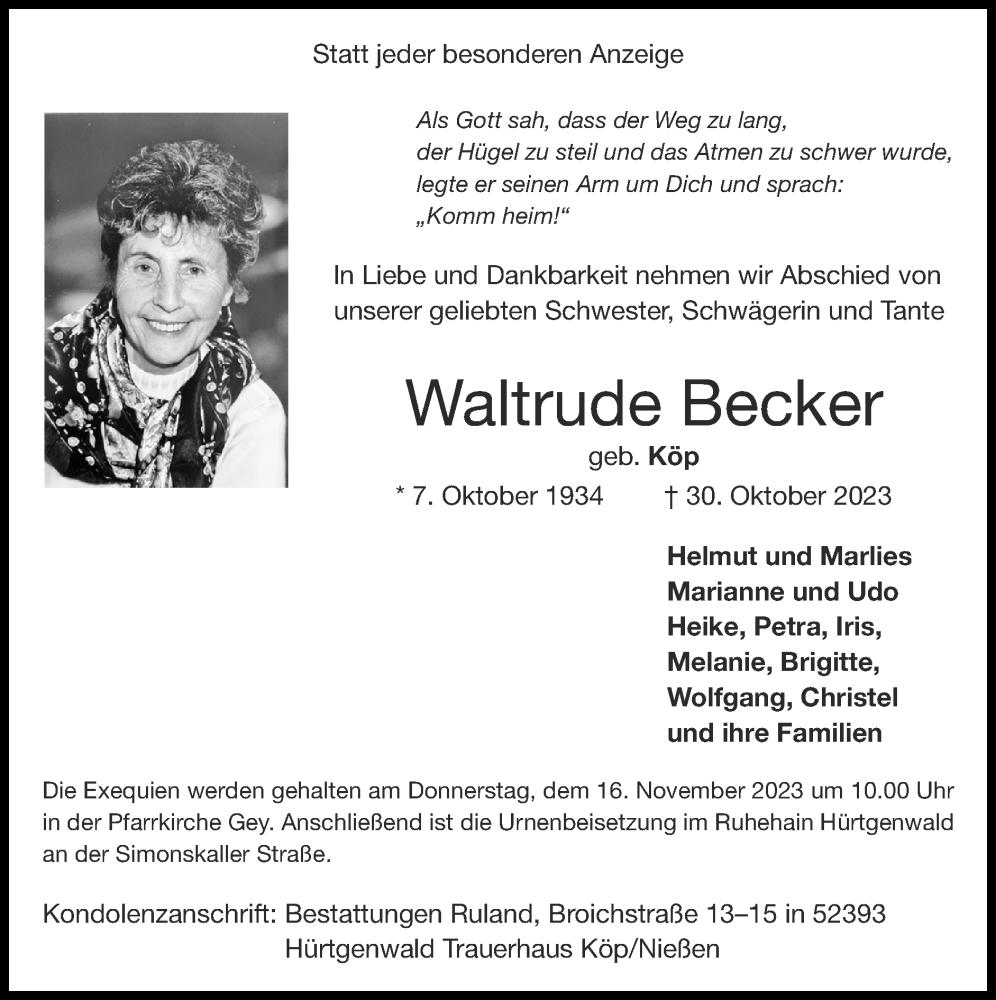 Traueranzeigen Von Waltrude Becker Aachen Gedenkt